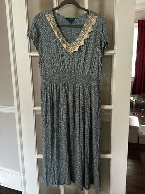 April Cornell Dress Midi 3/4 Sleeve Tie Back Floral Blue Cottagecore